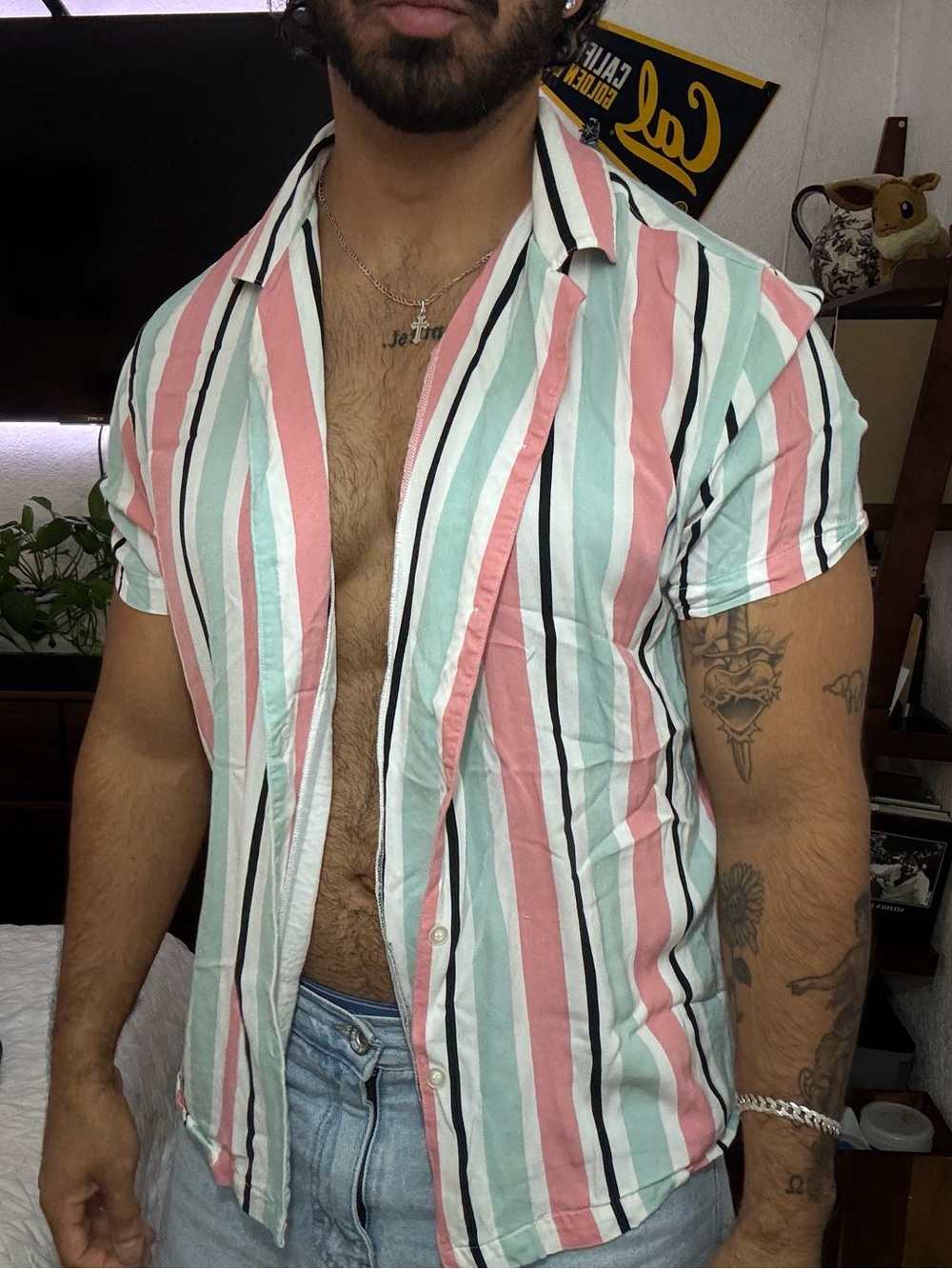 Forever 21 Striped Short-Sleeve Button-Up Shirt - Coral & Light Blue & Black